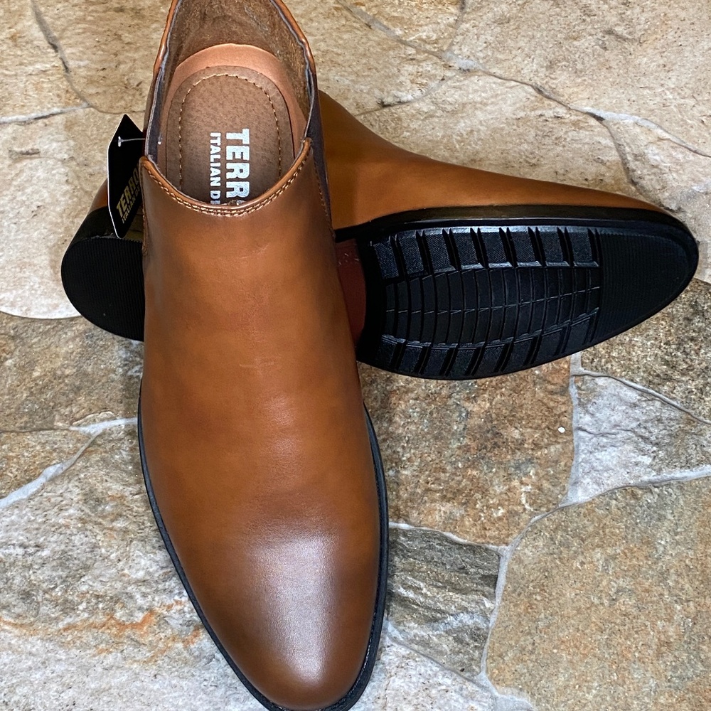 Terroni Men's Brown Ankle Slip On Dress Boot-Synthetic Leather-Fashionable